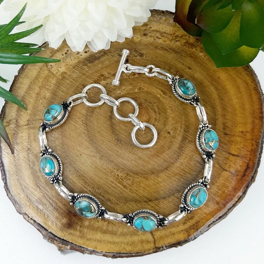 Southwest Genuine Blue Copper Turquoise Bracelet Solid Sterling Silver 925 - Picture 2 of 6